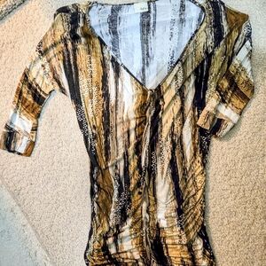 Daytrip Brown/Black/Ivory 3/4 Length Sleeve Ruche Sides & Tie Detail Size Large